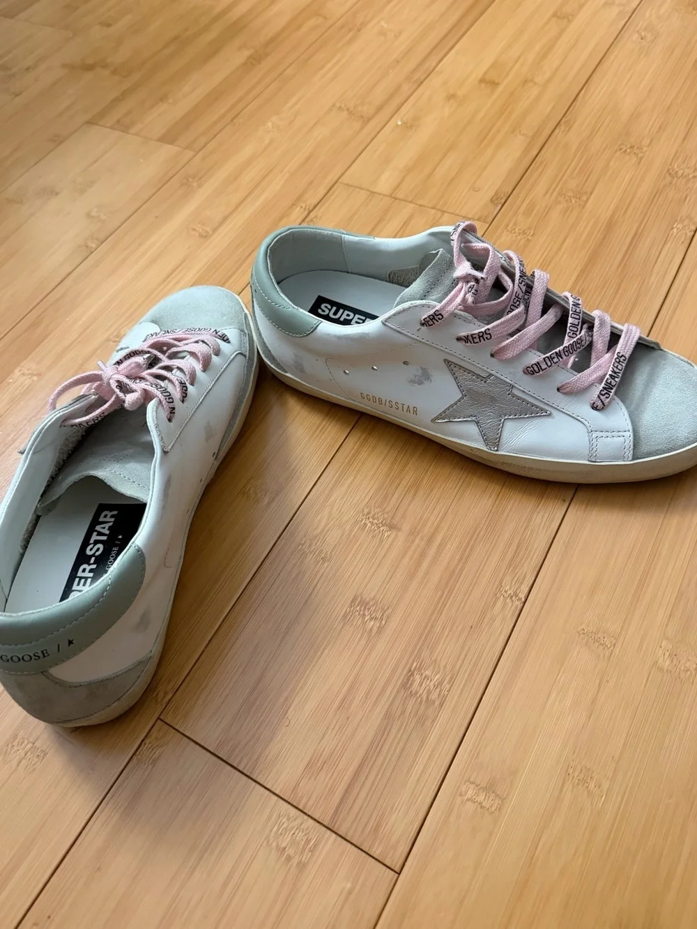 Golden Goose White Sneakers with Silver Star and Pink Laces